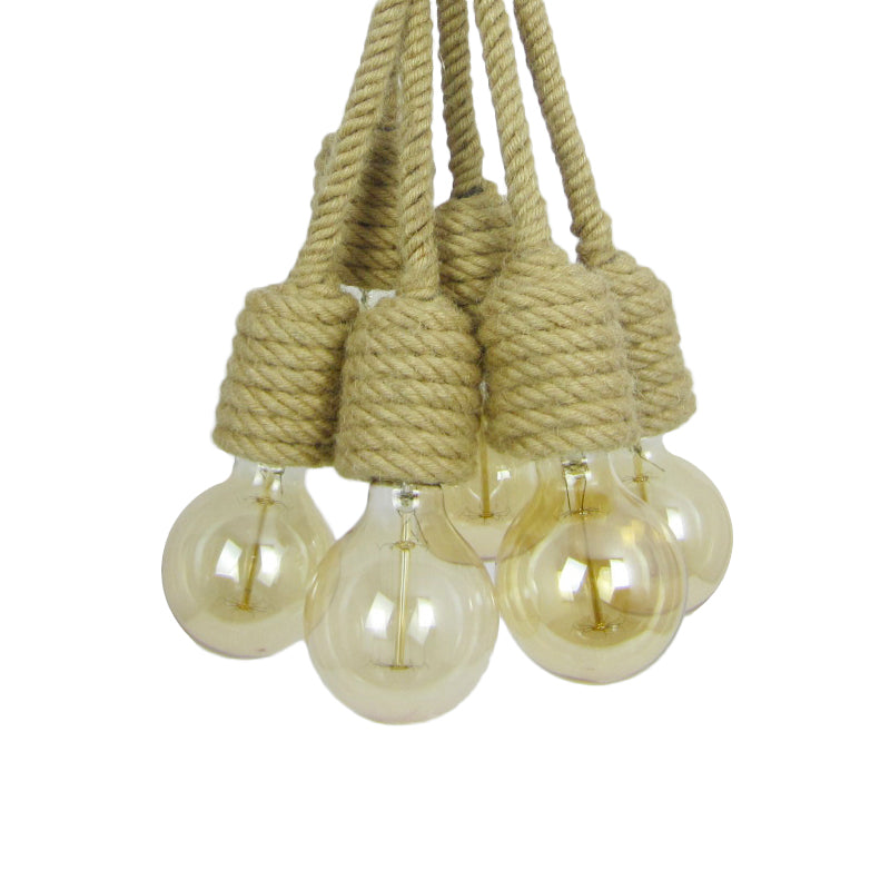 Multi Light Bare Bulb Hanging Lighting Industrial Beige Hemp Rope Cluster Pendant Lamp for Farmhouse Clearhalo 'Ceiling Lights' 'Industrial Pendants' 'Industrial' 'Middle Century Pendants' 'Pendant Lights' 'Pendants' 'Tiffany' Lighting' 161013