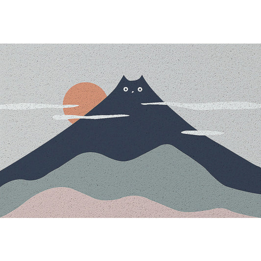 Green and Grey Kids Rug Vinyl Cat Mountain Print Rug Washable Non-Slip Backing Carpet for Kids' Room