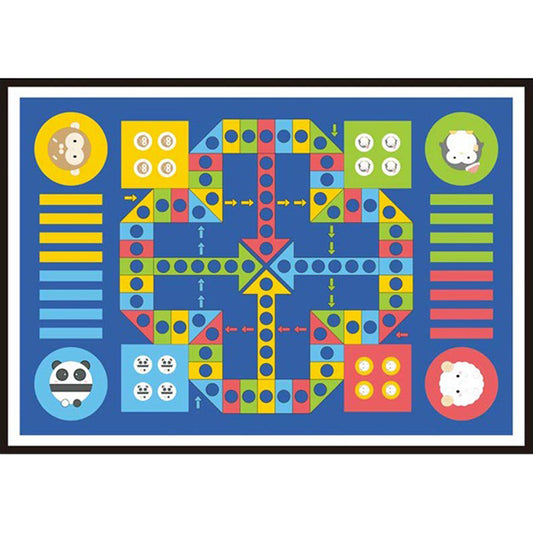 Blue Child's Room Rug Kids Educational Ludo Pattern Area Rug Polyester Pet Friendly Washable Carpet