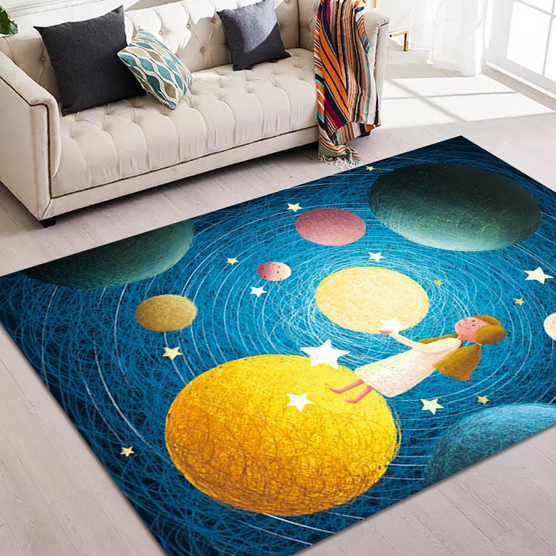 Cute Kids Rug in Blue Outer Space Planet Figure Pattern Rug Polyester Non-Slip Washable Carpet for Nursery Blue Clearhalo 'Area Rug' 'Rug' 1610450