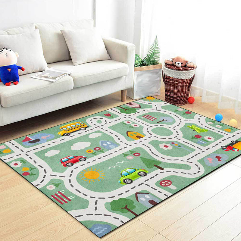 Cute Kids Rug in Green Cars & Roads House Flower Tree Pattern Rug Polyester Pet Friendly Carpet for Nursery Green Clearhalo 'Area Rug' 'Rug' 1610458
