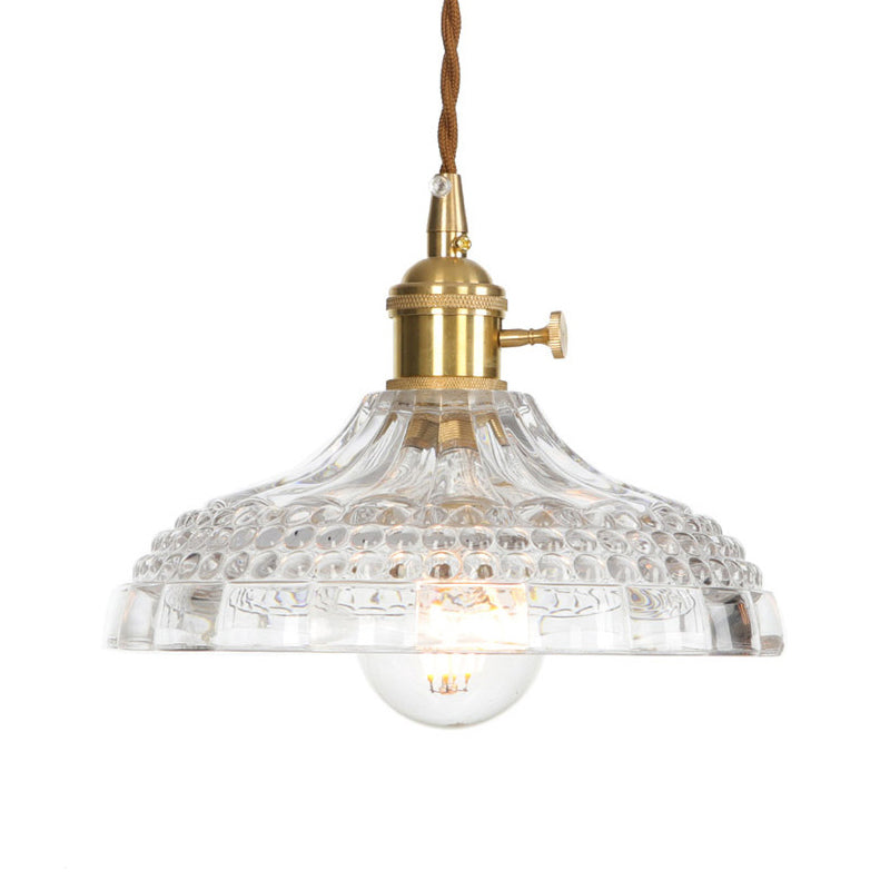 Brass 1 Light Ceiling Pendant Light Industrial Clear Glass Saucer/Dome/Prismatic Hanging Lamp for Living Room Clearhalo 'Ceiling Lights' 'Glass shade' 'Glass' 'Pendant Lights' 'Pendants' Lighting' 161047