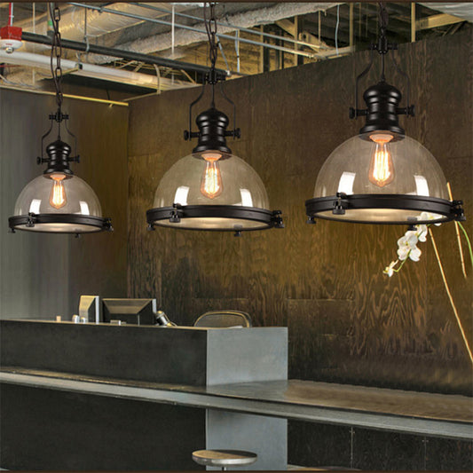 1-Light Dome Shade Pendant Lighting Fixture Industrial Black Clear Glass Hanging Ceiling Light with Trim Ring Clearhalo 'Ceiling Lights' 'Glass shade' 'Glass' 'Industrial Pendants' 'Industrial' 'Middle Century Pendants' 'Pendant Lights' 'Pendants' 'Tiffany' Lighting' 161054