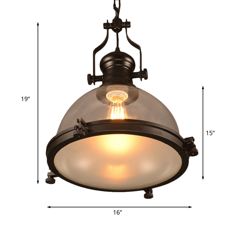 1-Light Dome Shade Pendant Lighting Fixture Industrial Black Clear Glass Hanging Ceiling Light with Trim Ring Clearhalo 'Ceiling Lights' 'Glass shade' 'Glass' 'Industrial Pendants' 'Industrial' 'Middle Century Pendants' 'Pendant Lights' 'Pendants' 'Tiffany' Lighting' 161056