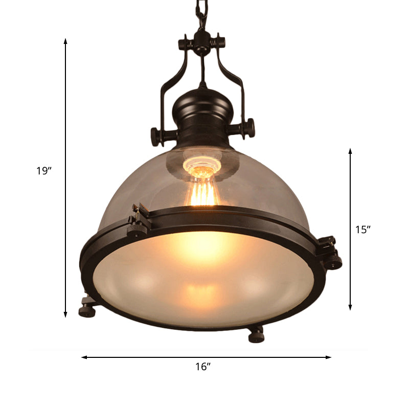 1-Light Dome Shade Pendant Lighting Fixture Industrial Black Clear Glass Hanging Ceiling Light with Trim Ring Clearhalo 'Ceiling Lights' 'Glass shade' 'Glass' 'Industrial Pendants' 'Industrial' 'Middle Century Pendants' 'Pendant Lights' 'Pendants' 'Tiffany' Lighting' 161056