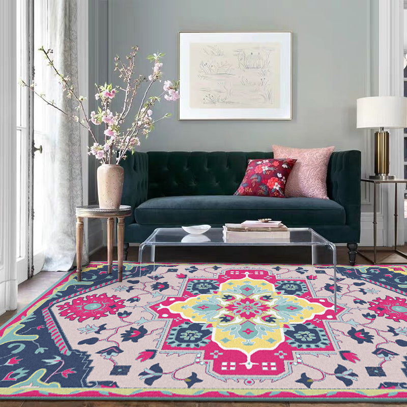 Pink and Blue Mediterranean Rug Polyester Medallion Pattern Rug Washable Non-Slip Backing Carpet for Living Room Rose Red Clearhalo 'Area Rug' 'Moroccan' 'Rugs' Rug' 1610584