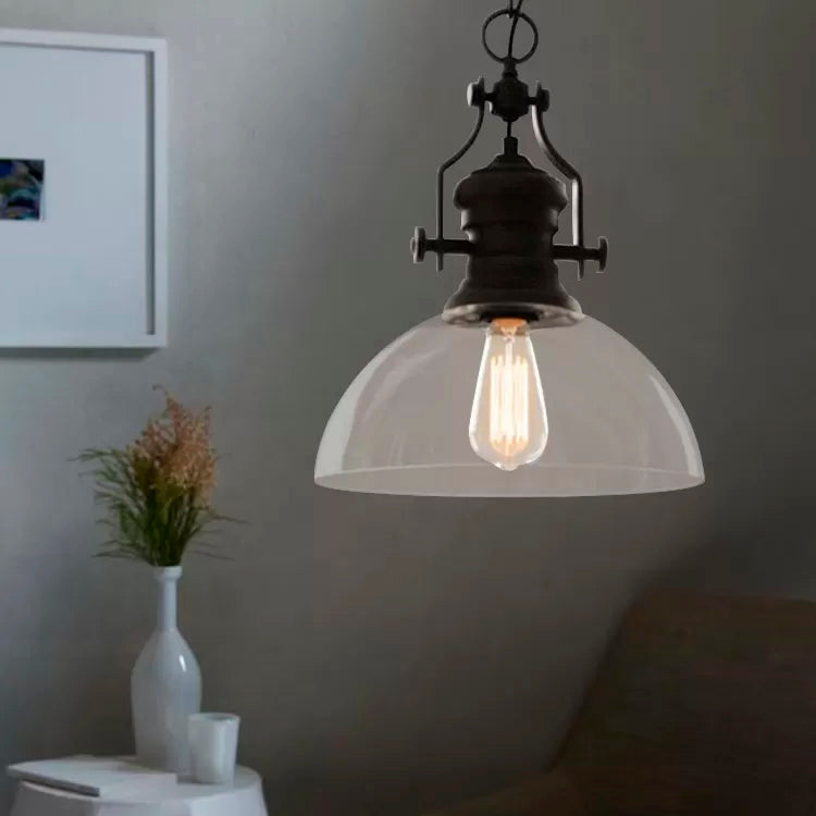 Farmhouse Dome Pendant Lamp 1-Light Clear Glass Hanging Light Fixture in Black Clearhalo 'Ceiling Lights' 'Glass shade' 'Glass' 'Industrial Pendants' 'Industrial' 'Middle Century Pendants' 'Pendant Lights' 'Pendants' 'Tiffany' Lighting' 16106