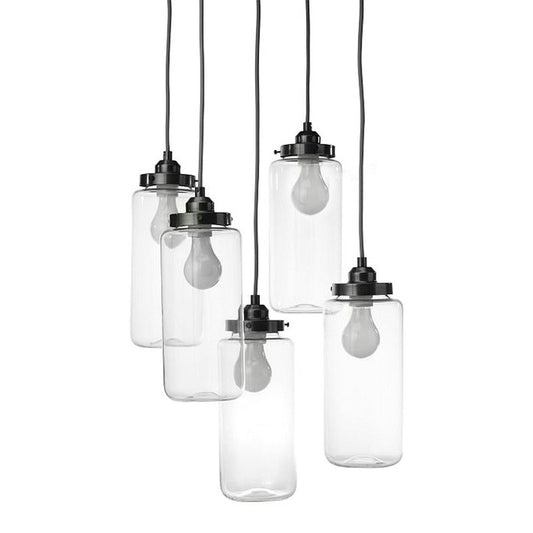 Black Cylinder Multi Pendant with Round Canopy Industrial Clear Glass 5-Light Coffee Shop Hanging Ceiling Light Clearhalo 'Art Deco Pendants' 'Cast Iron' 'Ceiling Lights' 'Ceramic' 'Crystal' 'Industrial Pendants' 'Industrial' 'Metal' 'Middle Century Pendants' 'Pendant Lights' 'Pendants' 'Tiffany' Lighting' 161070