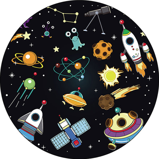Unique Kids Rug in Black Outer Space Aircraft Planet Star Pattern Rug Polyester Pet Friendly Carpet for Nursery