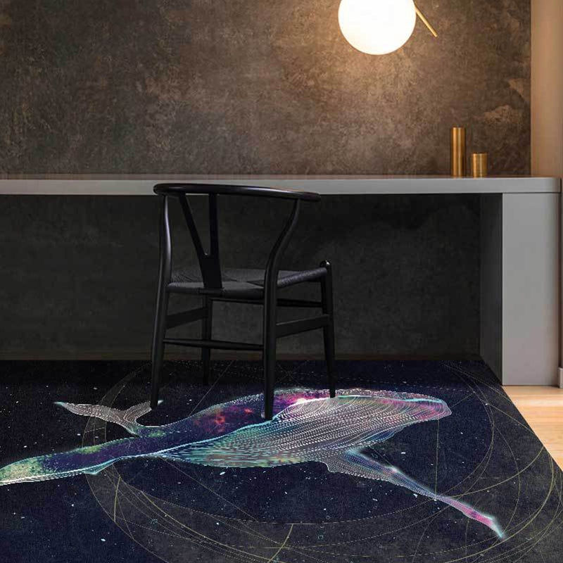 Kids Bedroom Rug in Black Outer Space Star Whale Print Rug Polyester Anti-Slip Backing Washable Area Rug Black Clearhalo 'Area Rug' 'Rug' 1610782