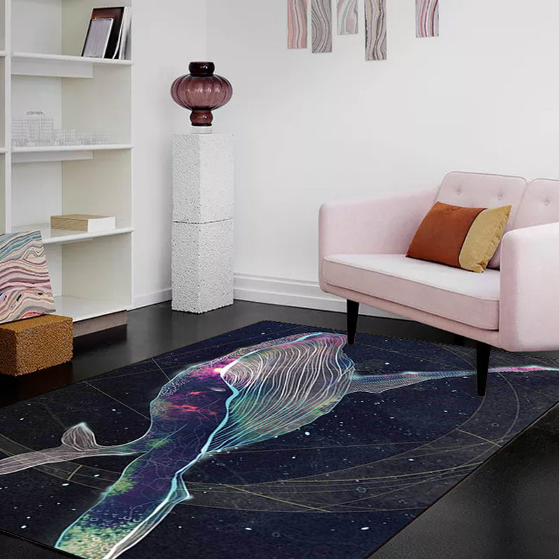 Kids Bedroom Rug in Black Outer Space Star Whale Print Rug Polyester Anti-Slip Backing Washable Area Rug Clearhalo 'Area Rug' 'Rug' 1610783