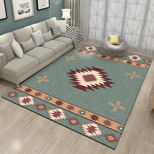 Green Tribal Rug Polyester Tribal Pattern Rug Washable Non-Slip Backing Carpet for Living Room Green