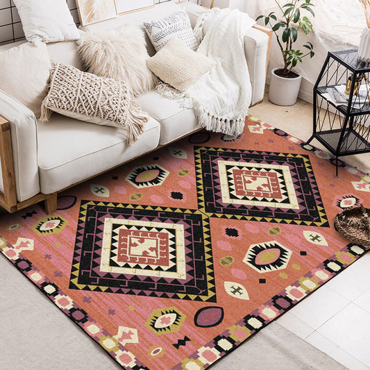 Brown Tribal Rug Polyester Geometric Pattern Rug Washable Non-Slip Backing Carpet for Living Room Brown
