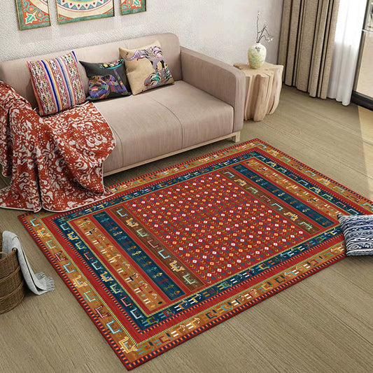 Traditional Tribal Pattern Rug Red Vintage Rug Polyester Washable Anti-Slip Backing Area Rug for Bedroom Red