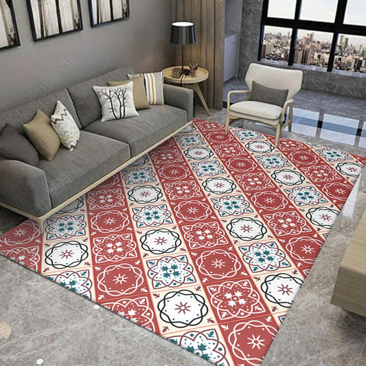 Classic Checked Pattern Rug with Floral Red Vintage Rug Polyester Washable Anti-Slip Backing Area Rug for Bedroom Red Clearhalo 'Area Rug' 'Moroccan' 'Rugs' Rug' 1610854