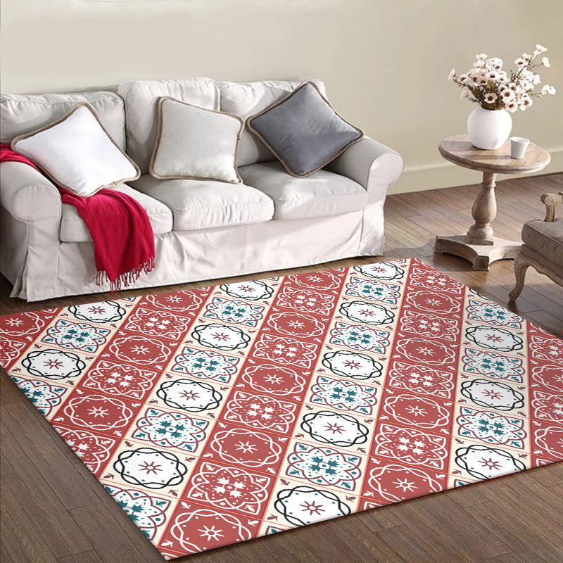 Classic Checked Pattern Rug with Floral Red Vintage Rug Polyester Washable Anti-Slip Backing Area Rug for Bedroom Clearhalo 'Area Rug' 'Moroccan' 'Rugs' Rug' 1610855