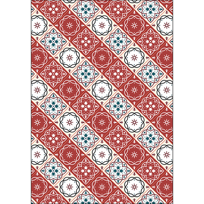 Classic Checked Pattern Rug with Floral Red Vintage Rug Polyester Washable Anti-Slip Backing Area Rug for Bedroom Clearhalo 'Area Rug' 'Moroccan' 'Rugs' Rug' 1610856
