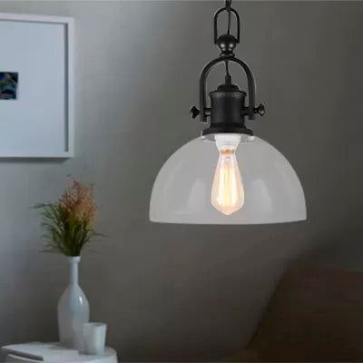 Farmhouse Dome Pendant Lamp 1-Light Clear Glass Hanging Light Fixture in Black Clearhalo 'Ceiling Lights' 'Glass shade' 'Glass' 'Industrial Pendants' 'Industrial' 'Middle Century Pendants' 'Pendant Lights' 'Pendants' 'Tiffany' Lighting' 16108