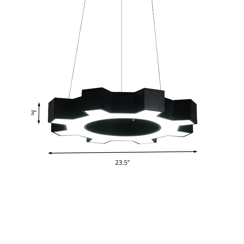 23.5"/31.5" Wide Gear Shape Pendant Lamp Contemporary Metal Led White/Black Hanging Ceiling Light for Gym in White/Warm Light Clearhalo 'Ceiling Lights' 'Modern Pendants' 'Modern' 'Pendant Lights' 'Pendants' Lighting' 161118