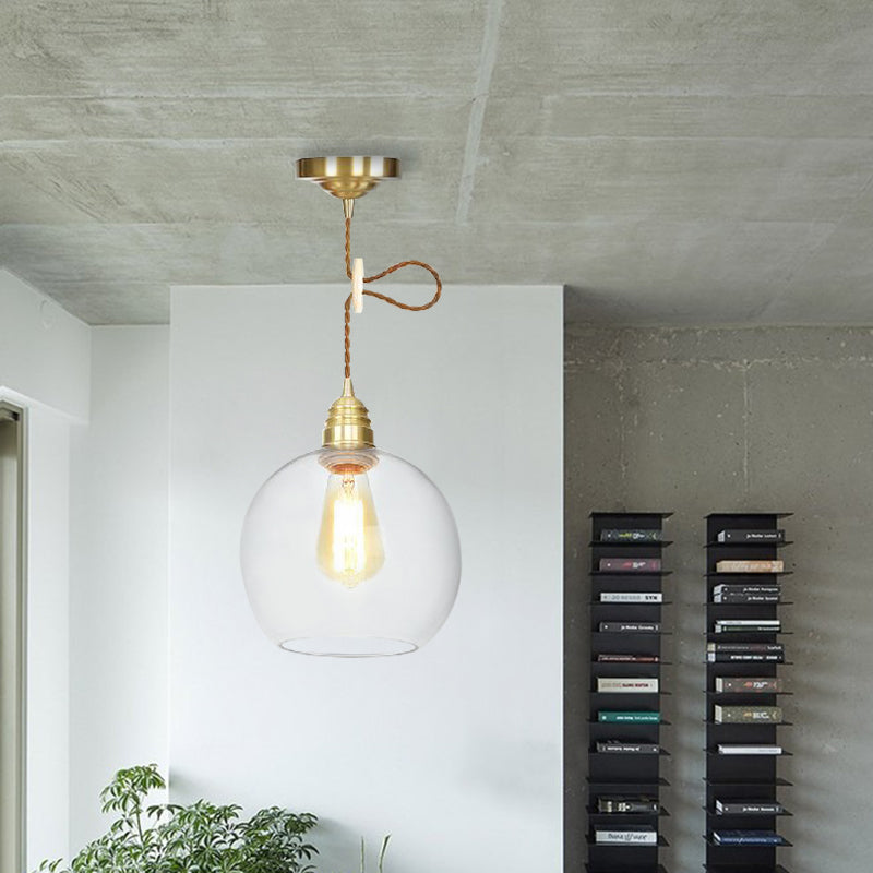 Globe Pendant Lighting Industrial 1 Light 8" /10"/12" Wide Clear Glass Hanging Lamp in Brass Clear Clearhalo 'Ceiling Lights' 'Close To Ceiling Lights' 'Glass shade' 'Glass' 'Industrial Pendants' 'Industrial' 'Middle Century Pendants' 'Pendant Lights' 'Pendants' 'Tiffany' Lighting' 161134