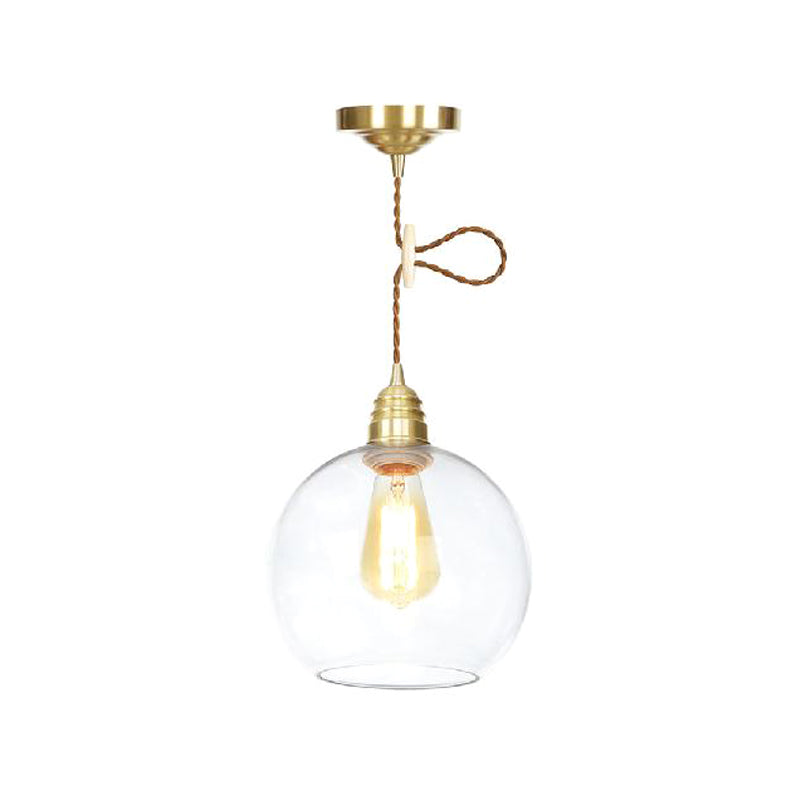Globe Pendant Lighting Industrial 1 Light 8" /10"/12" Wide Clear Glass Hanging Lamp in Brass Clearhalo 'Ceiling Lights' 'Close To Ceiling Lights' 'Glass shade' 'Glass' 'Industrial Pendants' 'Industrial' 'Middle Century Pendants' 'Pendant Lights' 'Pendants' 'Tiffany' Lighting' 161141