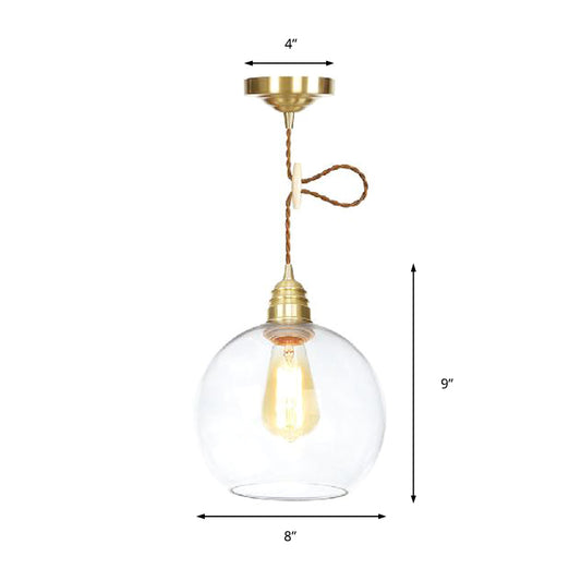 Globe Pendant Lighting Industrial 1 Light 8" /10"/12" Wide Clear Glass Hanging Lamp in Brass Clearhalo 'Ceiling Lights' 'Close To Ceiling Lights' 'Glass shade' 'Glass' 'Industrial Pendants' 'Industrial' 'Middle Century Pendants' 'Pendant Lights' 'Pendants' 'Tiffany' Lighting' 161142