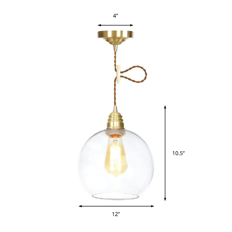 Globe Pendant Lighting Industrial 1 Light 8" /10"/12" Wide Clear Glass Hanging Lamp in Brass Clearhalo 'Ceiling Lights' 'Close To Ceiling Lights' 'Glass shade' 'Glass' 'Industrial Pendants' 'Industrial' 'Middle Century Pendants' 'Pendant Lights' 'Pendants' 'Tiffany' Lighting' 161143