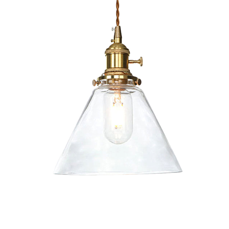 Brass 1 Light Pendant Ceiling Light Farmhouse Clear/Amber Glass Cone Lighting Fixture for Living Room Clearhalo 'Ceiling Lights' 'Glass shade' 'Glass' 'Industrial Pendants' 'Industrial' 'Middle Century Pendants' 'Pendant Lights' 'Pendants' 'Tiffany' Lighting' 161152
