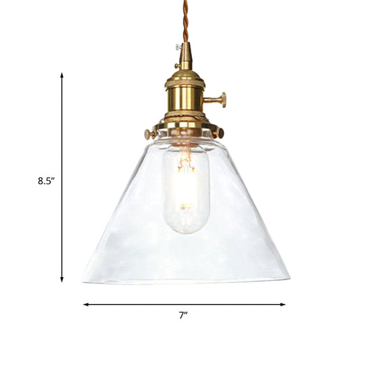 Brass 1 Light Pendant Ceiling Light Farmhouse Clear/Amber Glass Cone Lighting Fixture for Living Room Clearhalo 'Ceiling Lights' 'Glass shade' 'Glass' 'Industrial Pendants' 'Industrial' 'Middle Century Pendants' 'Pendant Lights' 'Pendants' 'Tiffany' Lighting' 161153