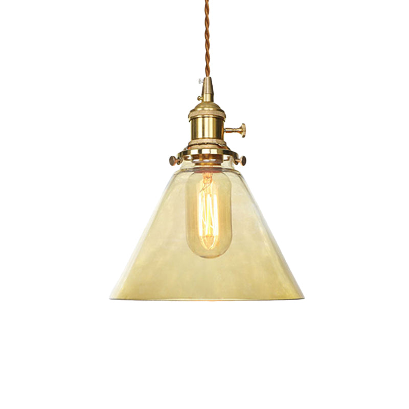 Brass 1 Light Pendant Ceiling Light Farmhouse Clear/Amber Glass Cone Lighting Fixture for Living Room Clearhalo 'Ceiling Lights' 'Glass shade' 'Glass' 'Industrial Pendants' 'Industrial' 'Middle Century Pendants' 'Pendant Lights' 'Pendants' 'Tiffany' Lighting' 161156