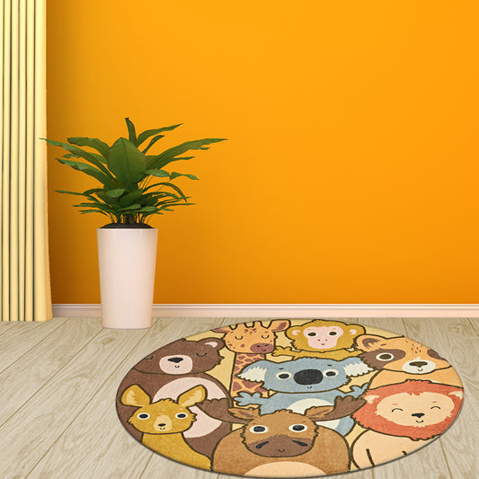 Kids Cartoon Animals Pattern Rug Yellow Polyester Rug Washable Anti-Slip Backing Area Rug for Home Decoration