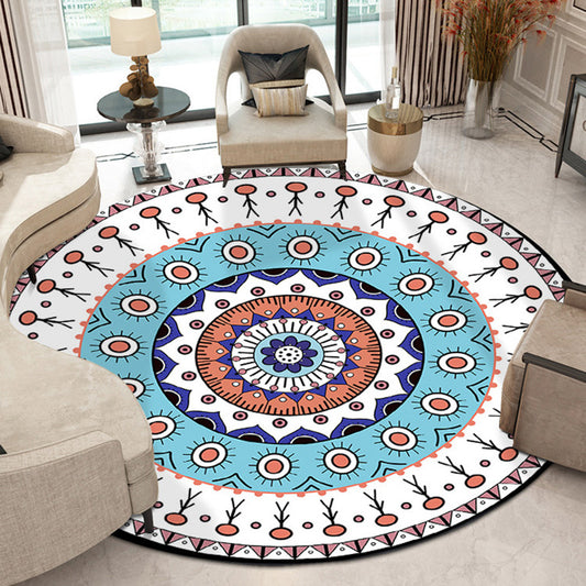 Americana Concentric Circles Pattern Rug with Floral White and Blue Polyester Rug Machine Washable Non-Slip Area Rug for Bedroom Blue Clearhalo 'Area Rug' 'Rugs' 'Southwestern' Rug' 1612165