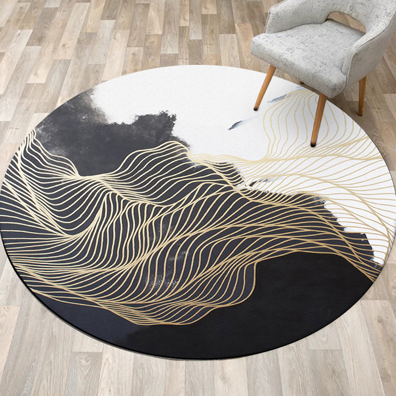 Contemporary Swirl Stripe Pattern Rug Black and White Polyester Rug Machine Washable Non-Slip Area Rug for Bedroom Black Clearhalo 'Area Rug' 'Modern' 'Rugs' Rug' 1612197