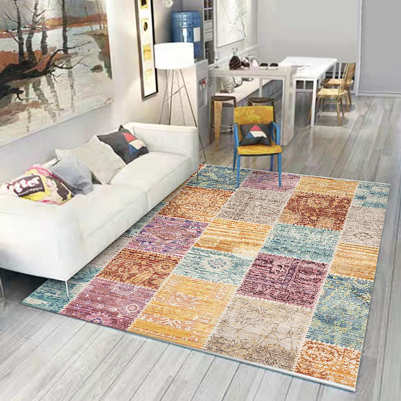 Vintage Tribal Checked Pattern Rug Yellow Multicolor Shabby Chic Rug Polyester Washable Non-Slip Backing Area Rug for Living Room Light Yellow Clearhalo 'Area Rug' 'Rugs' 'Shabby Chic' Rug' 1612396