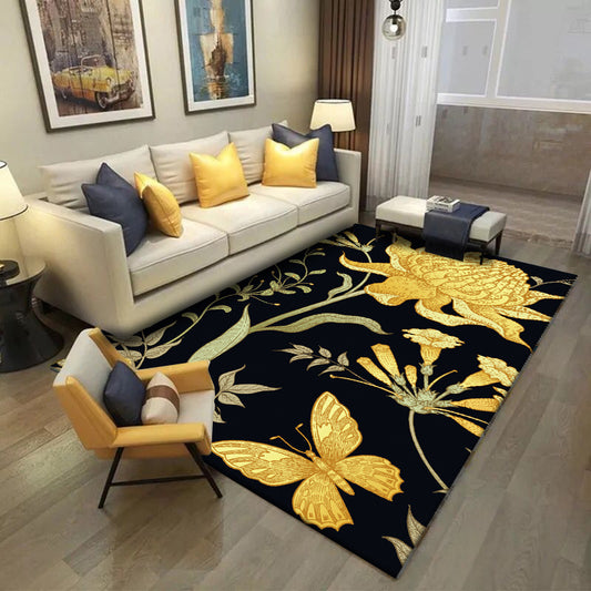 Black and Yellow Vintage Rug Polyester Floral and Leaf Pattern Rug Washable Non-Slip Backing Carpet for Living Room Black Clearhalo 'Area Rug' 'Rugs' 'Vintage' Rug' 1612404