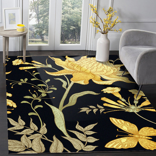 Black and Yellow Vintage Rug Polyester Floral and Leaf Pattern Rug Washable Non-Slip Backing Carpet for Living Room Clearhalo 'Area Rug' 'Rugs' 'Vintage' Rug' 1612405