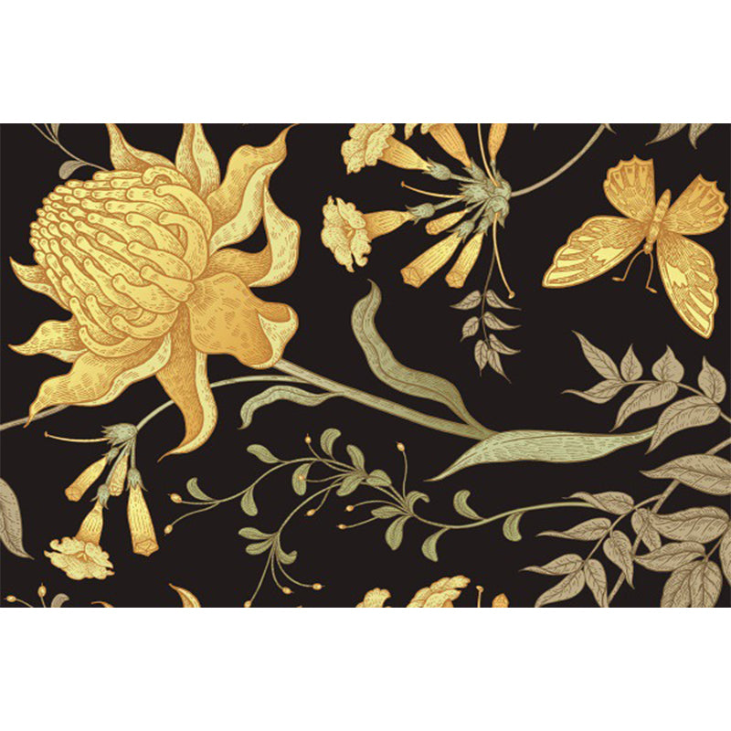 Black and Yellow Vintage Rug Polyester Floral and Leaf Pattern Rug Washable Non-Slip Backing Carpet for Living Room Clearhalo 'Area Rug' 'Rugs' 'Vintage' Rug' 1612406