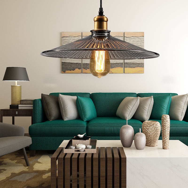 Brass Cone Pendant Ceiling Light Farmhouse Ribbed Glass 1 Light Living Room Hanging Lamp Clear Clearhalo 'Ceiling Lights' 'Close To Ceiling Lights' 'Glass shade' 'Glass' 'Industrial Pendants' 'Industrial' 'Middle Century Pendants' 'Pendant Lights' 'Pendants' 'Tiffany' Lighting' 161241
