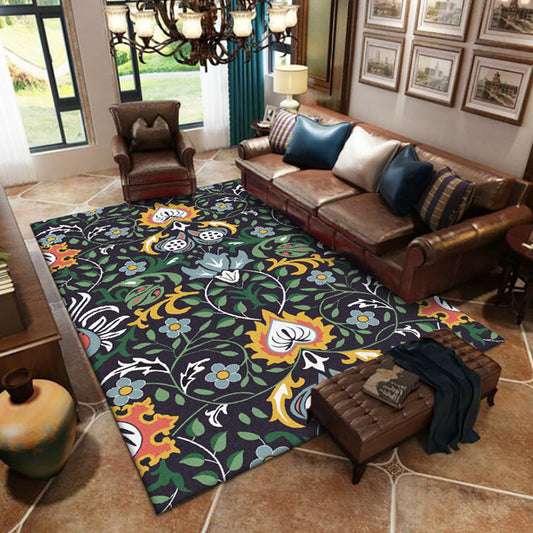 Vintage Floral Pattern Rug with Leaf Black and Green Polyester Rug Machine Washable Non-Slip Area Rug for Bedroom Green
