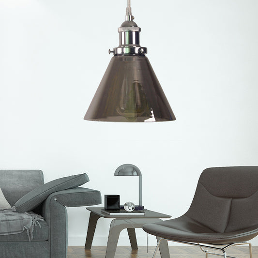 Industrial Cone/Barn Pendant Lamp 1 Light Smoked Glass Hanging Light Fixture in Chrome Smoke Gray Cone Clearhalo 'Ceiling Lights' 'Glass shade' 'Glass' 'Pendant Lights' 'Pendants' Lighting' 161272