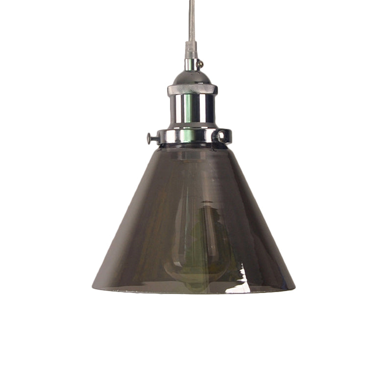 Industrial Cone/Barn Pendant Lamp 1 Light Smoked Glass Hanging Light Fixture in Chrome Clearhalo 'Ceiling Lights' 'Glass shade' 'Glass' 'Pendant Lights' 'Pendants' Lighting' 161274