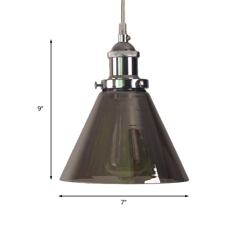 Industrial Cone/Barn Pendant Lamp 1 Light Smoked Glass Hanging Light Fixture in Chrome Clearhalo 'Ceiling Lights' 'Glass shade' 'Glass' 'Pendant Lights' 'Pendants' Lighting' 161275