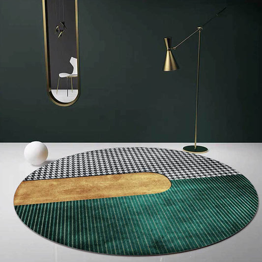 Contemporary Houndstooth Pattern Rug Green and Golden Polyester Rug Machine Washable Non-Slip Area Rug for Bedroom Green