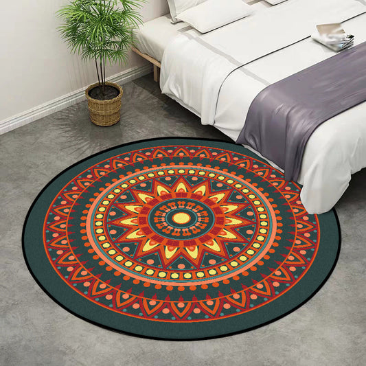 Vintage Concentric Circles Pattern Rug with Floral Orange Tribal Rug Polyester Washable Anti-Slip Backing Area Rug for Living Room