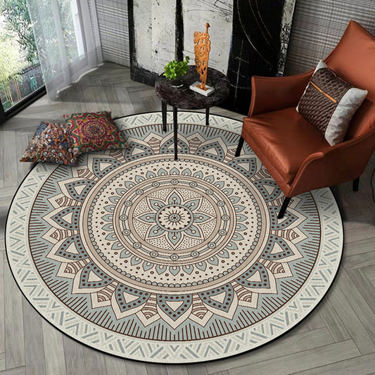 Light Green Southwestern Rug Polyester Concentric Circles and Floral Pattern Rug Washable Non-Slip Backing Carpet for Living Room Light Blue
