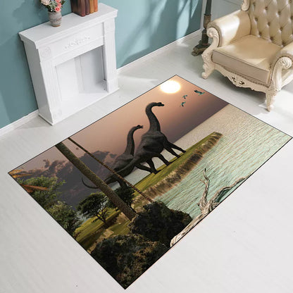 Orange and Green Novelty Rug Polyester Dinosaur and Lake Pattern Rug Washable Non-Slip Backing Carpet for Living Room Yellow-Red Clearhalo 'Area Rug' 'Modern' 'Rugs' Rug' 1613314