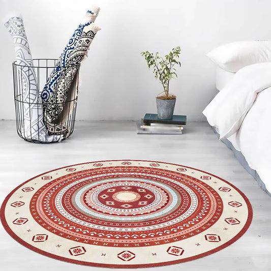Vingtage Concentric Circles Pattern Rug Blue and Red Bohemian Rug Polyester Washable Anti-Slip Backing Area Rug for Living Room