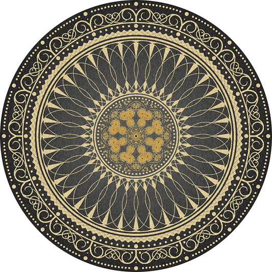 Vintage Floral Pattern Rug Black Tribal Rug Polyester Washable Anti-Slip Backing Area Rug for Living Room