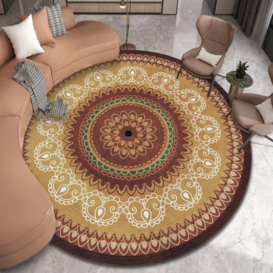 Vintage Concentric Circles Pattern Rug with Floral Yellow Tribal Rug Polyester Washable Anti-Slip Backing Area Rug for Living Room Ginger