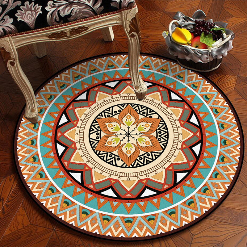 Traditional Concentric Circles Pattern Rug with Floral Orange Tribal Rug Polyester Washable Anti-Slip Backing Area Rug for Living Room Clearhalo 'Area Rug' 'Rugs' 'Southwestern' Rug' 1613751